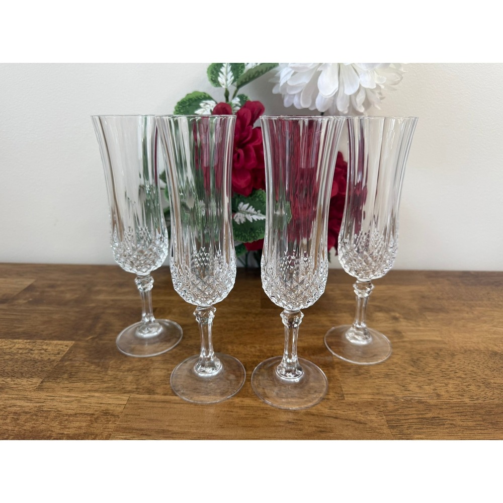 Vintage Cristal d'Arques Longchamp Champagne Flutes Set 4 MCM Barware‎ Bar Cart